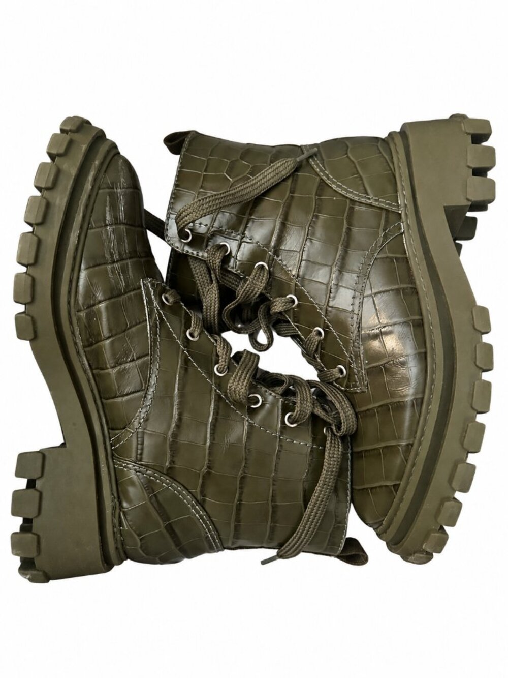 Schutz Orly Olive Croc-Embossed Combat Boots – 8.5